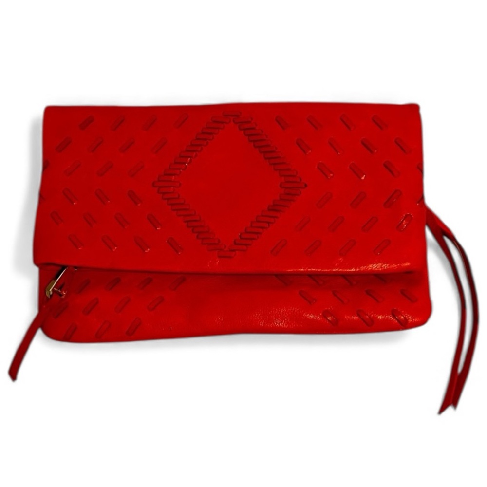 Christopher Kon Vintage Ostrich Embossed Leather Foldover Clutch Red